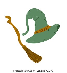 Halloween witchy clipart with hand drawn hat and broomstick. Cute vector design for Halloween isolated on white background. Mystical design for autumn holiday.