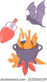 Halloween and witchy cozy clipart with hand drawn botanical elements. Witchs cauldron, autumn leaves, bat and poison. Cute design for Halloween isolated on white background