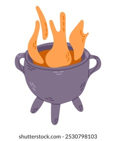 Halloween witchy hand drawn cauldron with boiling potion. Cute vector design for Halloween isolated on white background. Mystical design for autumn holiday.