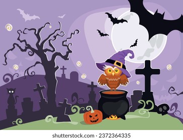 Halloween - witchy owl on top of a cauldron.