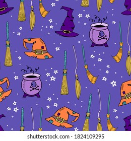 Halloween witchy vector seamless pattern with hat, spellbook and bottle of poison. Witchy background for halloween design. Witches magic and enchantment concept. EPS 8.