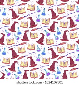 Halloween witchy vector seamless pattern with hat, spellbook and bottle of poison. Witchy background for halloween design. Witches magic and enchantment concept. EPS 8.