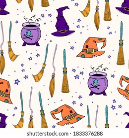 Halloween witchy vector seamless pattern with hat, spellbook and bottle of poison. Witchy background for halloween design. Witches magic and enchantment concept. EPS 8.