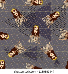 Halloween withches seamless pattern. Design for wrapping paper, paper packaging, textiles, fabric, holiday party invitations, banner, greeting card. Vector illustration.