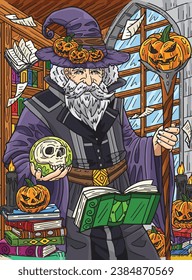 Halloween Wizard Colored Cartoon Illustration