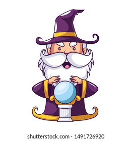 Halloween Wizard Doing Magic . Vector Illustration Isolated On White Background.
