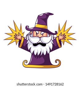 Halloween Wizard Doing Magic . Vector Illustration Isolated On White Background.