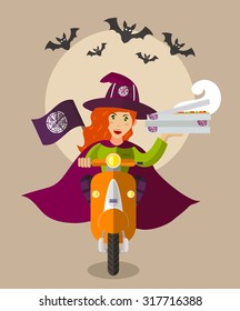 Halloween wizard food-delivery girl on a scooter with boxes of pizza, flat design, holiday