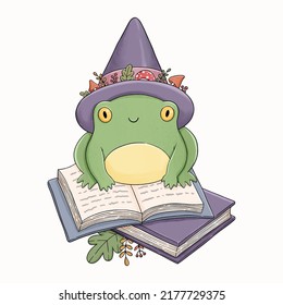 Halloween wizard frog on witch books vector