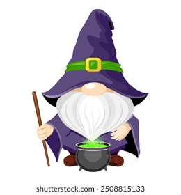 Halloween Wizard Gnome breawing a magic potion in cauldron