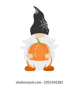 Halloween wizard gnome holding a pumpkin. Happy Halloween. Vector illustration design template for banner or poster.