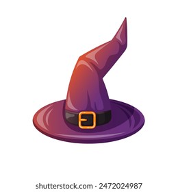 Halloween wizard hat in cartoon style. Magic spooky purple witch cap. Vector illustration isolated on a white background.