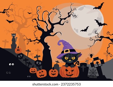 Halloween - wizard kitten inside a pumpkin on a moonlit night
