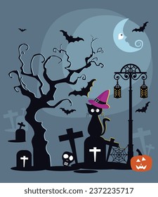Halloween - wizard kitten on a moonlit night