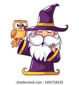 Halloween Wizard With Owl Sitting On His Hand. Vector Illustration Isolated On White Background