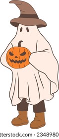 Asistente de Halloween con iluminación de vectores de vestimenta fantasma de calabaza