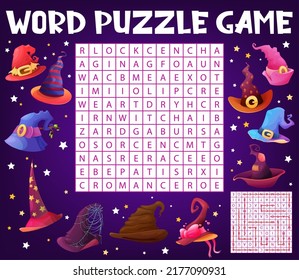 Halloween wizard and witch hats word search puzzle game worksheet, kids quiz grid. Vector crossword with warlock, magician, enchanter and mage, sorcerer, necromancer or charmer and exorcist headwear