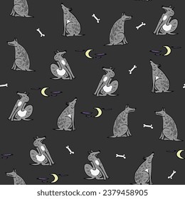 Halloween wolf and moon vector seamless pattern.