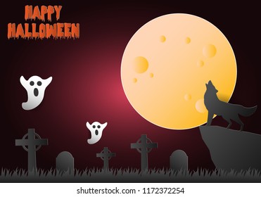 Halloween, Wolf on cliff with Cemetery Mark and ghost, paper art background.