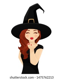 Halloween woman in witch costume blowing magic kiss isolated vector illustration