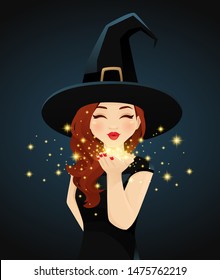 Halloween woman in witch costume blowing magic kiss on dark background vector illustration