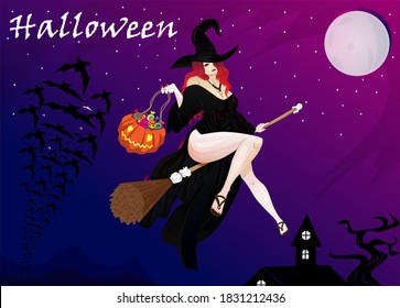 Halloween Women Beautiful with Broom Ind Pumpkin also looks like Witch Illustration. Vector Poster Background Inspiration Party in October