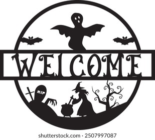 Halloween wood door name sign laser cut design