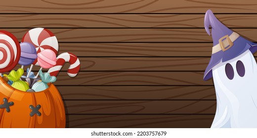 Halloween wooden background. Pumpkin with sweet treat and ghost in a sorcery hat. Cartoon vector illustration