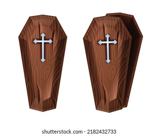 Halloween wooden coffin vector icon, cartoon spooky cemetery box, metal cross, open lid on white. Old ancient vampire timber tomb casket, scary traditional container. Wooden coffin funeral clipart