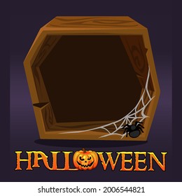Halloween wooden frame avatar, blank template with spider web for game.