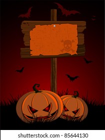 Halloween wooden  sign and pumpkins