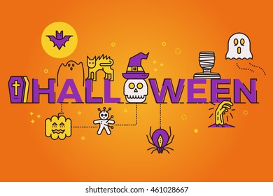 Halloween word banner poster design illustration with line icons and ornaments on orange background