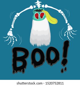 Halloween word boo with skeleton ghost hanging head, illustration vector cartoon