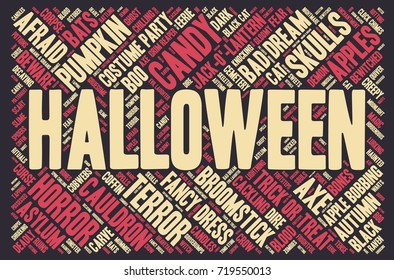 Halloween word cloud illustration on dark background with words related to halloween - witch, trick or treat, candy, pumpkin, halloween, knocking and similar