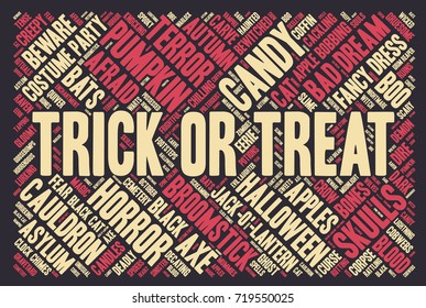 Halloween word cloud illustration on dark background with words related to halloween - witch, trick or treat, candy, pumpkin, halloween, knocking and similar