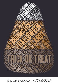 Halloween word cloud illustration on dark background with words related to halloween - witch, trick or treat, candy, pumpkin, halloween, knocking and similar