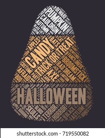 Halloween word cloud illustration on dark background with words related to halloween - witch, trick or treat, candy, pumpkin, halloween, knocking and similar