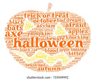 Halloween word cloud illustration in shape of a orange pumpkin on white background with words related to halloween - witch, trick or treat, candy, pumpkin, halloween, knocking and similar