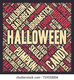 Halloween word cloud illustration in shape of a circle on dark background with words related to halloween - witch, trick or treat, candy, pumpkin, halloween, knocking and similar