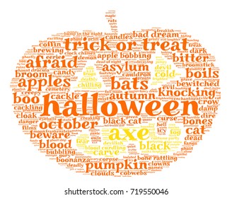 Halloween word cloud illustration in shape of a orange pumpkin on white background with words related to halloween - witch, trick or treat, candy, pumpkin, halloween, knocking and similar