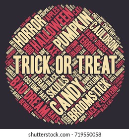 Halloween word cloud illustration in shape of a circle on dark background with words related to halloween - witch, trick or treat, candy, pumpkin, halloween, knocking and similar