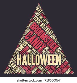 Halloween word cloud illustration in shape of a triangle on dark background with words related to halloween - witch, trick or treat, candy, pumpkin, halloween, knocking and similar