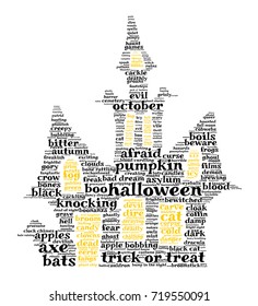 Halloween word cloud illustration in shape of a castle on white background with words related to halloween - witch, trick or treat, candy, pumpkin, halloween, knocking and similar