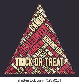 Halloween word cloud illustration in shape of a triangle on dark background with words related to halloween - witch, trick or treat, candy, pumpkin, halloween, knocking and similar