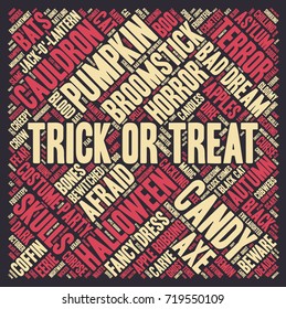 Halloween word cloud illustration in shape of a square on dark background with words related to halloween - witch, trick or treat, candy, pumpkin, halloween, knocking and similar