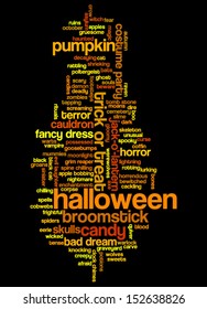 Halloween word cloud vector on black background with words related to halloween - witch, trick or treat, candy, pumpkin, halloween, knocking and similar