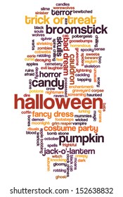 Halloween word cloud vector on whiet background with words related to halloween - witch, trick or treat, candy, pumpkin, halloween, knocking and similar