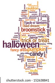 Halloween word cloud vector on whiet background with words related to halloween - witch, trick or treat, candy, pumpkin, halloween, knocking and similar