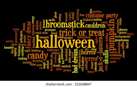 Halloween word cloud vector on black background with words related to halloween - witch, trick or treat, candy, pumpkin, halloween, knocking and similar