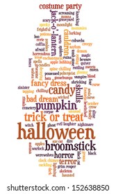 Halloween word cloud vector on whiet background with words related to halloween - witch, trick or treat, candy, pumpkin, halloween, knocking and similar